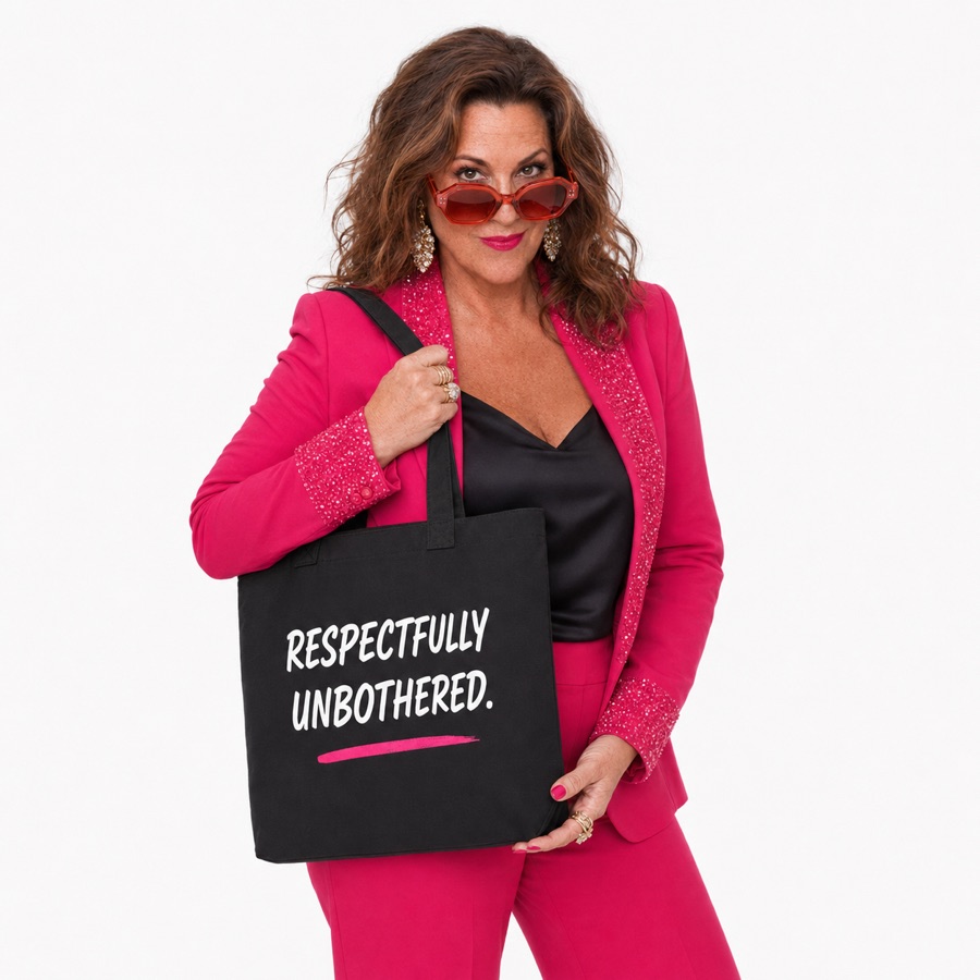 Brunette model in a hot-pink suit carrying the Respectfully Unbothered tote.